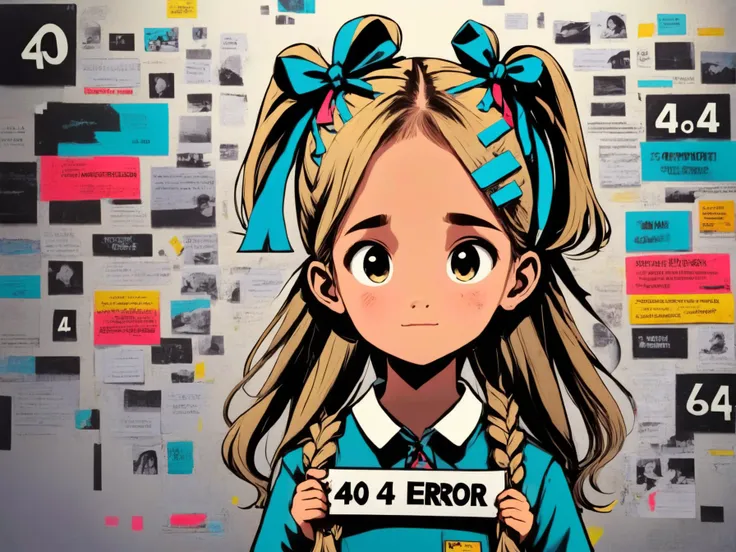 (masterpiece, best quality), (SFW:1.2), (1girl, very long hair, ponytail, hair ribbon, school uniform), sad, looking at viewer, (holding a sign with text "404 error":1.2), glitch effect, from below angle <lora:BetterTextRedmond:1> <lora:mixed_patterns_of_text_and_emoji:0.6> <lora:glitch_lora:1>