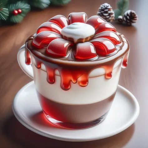 a close-up shot of instant present, a "red" skin transparent slime coffee cup, milk foam bow, in Christmas theme cafe shop <lora:Instant_Present:1> <lora:SlimeGirl:1>