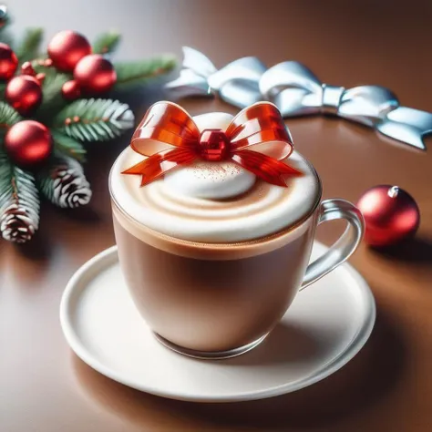 a close-up shot of instant present, a brown transparent coffee cup, milk foam bow, in Christmas theme cafe shop <lora:Instant_Present:1>