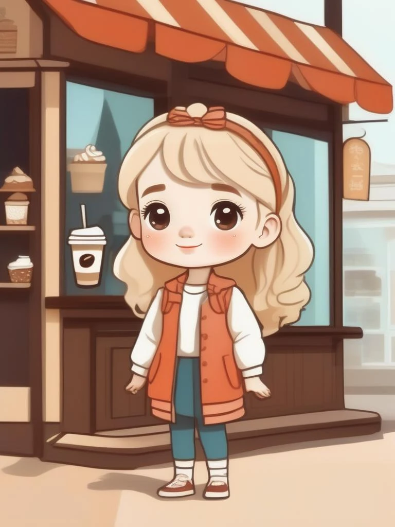 avatar cute, adorable blonde girl, wearing cute outfit standing outside coffee shop, full body, chibi,