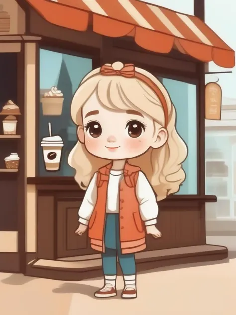 avatar cute, adorable blonde girl, wearing cute outfit standing outside coffee shop, full body, chibi,