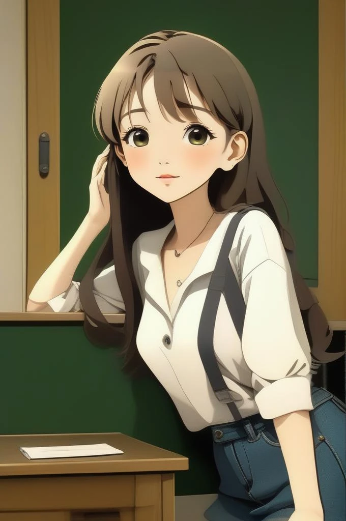 (masterpiece,best quality:1.5),ultra realistic,32k,RAW photo,(high detailed skin:1.2), 8k uhd, dslr, soft lighting, high quality, film grain,Black lighting ,(ð,ðï¸),ðª¨,ð, ( dark green short denim , buttoned shirt ) ,((autumn day )),collarbone, cleavage, eardrop,lady ,long hair,necklace ,(large breast),(sexy:1.3),(lewd),classroom, anime