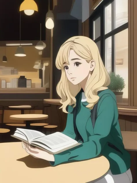 A young woman, blonde hair, sitting at a table in a coffee shop, reading a book, looking intrigued, anime