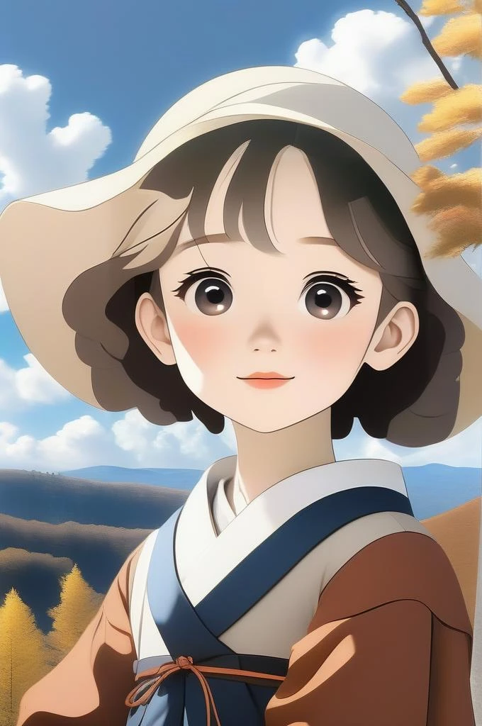 (masterpiece,best quality:1.5),ultra realistic,32k,RAW photo,(high detailed skin:1.2), 8k uhd, dslr, soft lighting, high quality, film grain,Depth of field 100mm ,(),ð³, collarbone, eardrop,(wind),lady,(sexy:1.1),Blue sky, white clouds, view from front ,(Eastern European plateau), autumn day, anime