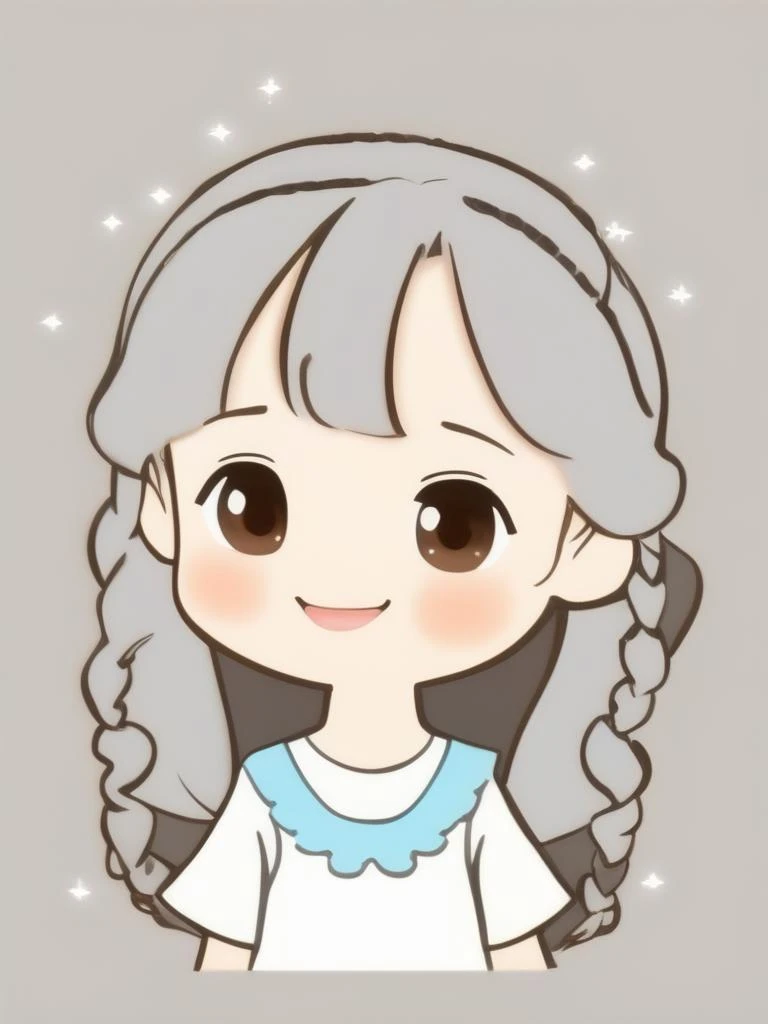 avatar cute, 1girl, solo, long hair, blush, smile, open mouth, bangs, simple background, shirt, hair ornament, ribbon, brown eyes, hair ribbon, white shirt, upper body, braid, ahoge, white hair, short sleeves, :d, hairclip, grey background, chibi, twin braids, sparkle