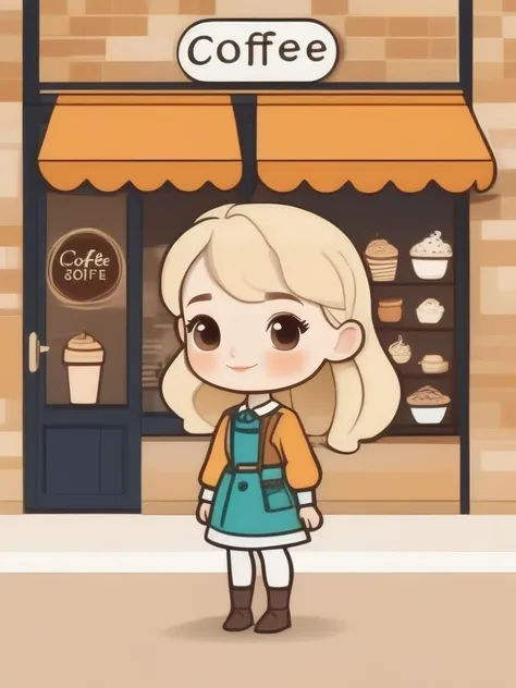 avatar cute, adorable blonde girl, wearing cute outfit standing outside coffee shop, full body, chibi,