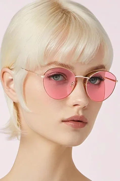 <lora:xl_2girl_v1:0.7>a 8kivi8 girl woman wearing a pair of high-end pink gold rimmed eyes, side viewer,