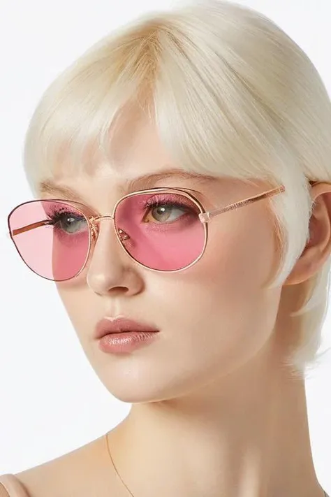 <lora:xl_2girl_v1:0.7>a 8kivi8 girl woman wearing a pair of high-end pink gold rimmed eyes,  side viewer,