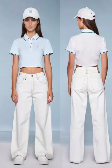 ((front view and back view:1.5,))
<lora:xl_2girl_v1:0.7>a 8siyu8 girl a woman standing in front of a white background wearing a cropped polos crown and wide legged jeans