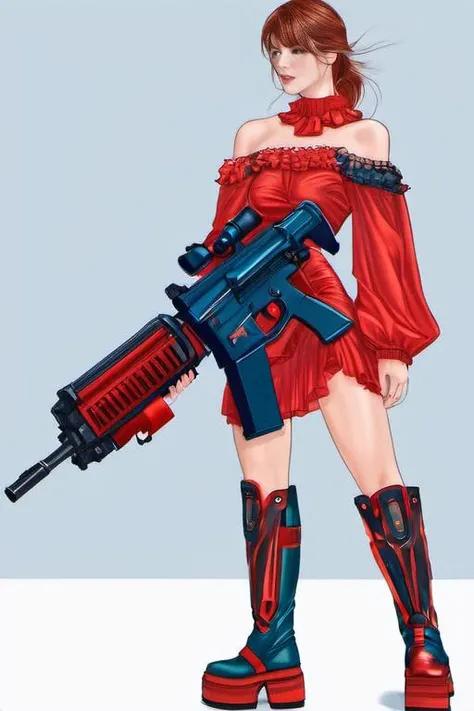 cyborg style, solo, realistic, armor,science fiction, power armor, high quality, high resolution<lora:xl_2girl_v1:0.7> splash art by megan ducanson, a liquid cute 8kivi8 girl ((full body)) weraing a gucciadult skirt( off-shoulder silk chiffon dress from Gucci featuring coral black, silk, chiffon, ruffled detailing, off-shoulder, elasticated waistband, long sleeves, elasticated cuffs, A-line and long length, red theme, dress, standing, see-through, nightgown, long sleeves, simple background, white background,) made of colours, splash style of colourful paint, hyperdetailed intricately detailed, fantastical, intricate detail, splash screen, complementary colours, fantasy, concept art, 8k resolution, DeviantArt masterpiece , blue light and red light and green light at to body, and Carrying a large gun on his back,text "szzg007"