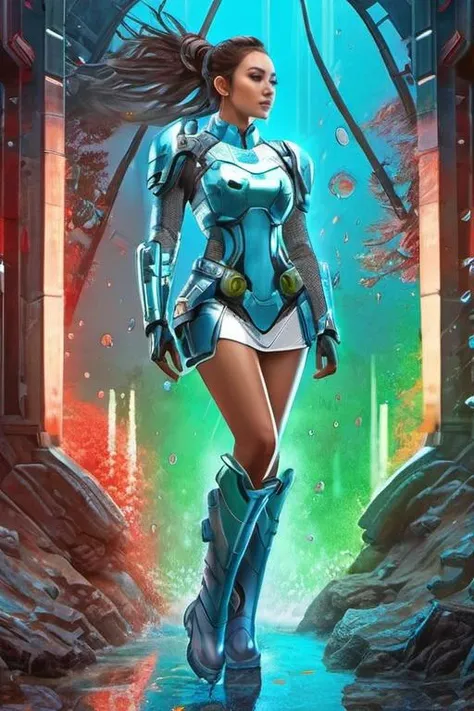 cyborg style, solo, realistic, armor,science fiction, power armor, high quality, high resolution<lora:xl_2girl_v1:0.7> splash art by megan ducanson, a liquid cute 8kivi8 girl ((full body)) weraing cheongsam( chinese clothes, dress, china dress, long sleeves, white theme, head out of frame, white background, simple background) made of colours, splash style of colourful paint, hyperdetailed intricately detailed, fantastical, intricate detail, splash screen, complementary colours, fantasy, concept art, 8k resolution, DeviantArt masterpiece , blue light and red light and green light at to body, and Carrying a large gun on his back
