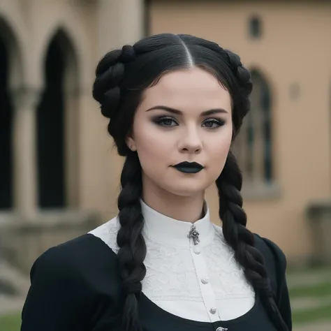 photo of (ohwx woman) as Wednesday Adamas, wearing gothic clothes, braided pigtails, in a castle, sharp focus, looking at the camera, makeup, cinematic look, <lora:SelenaGomez-000007:1>