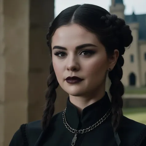 closeup of (skswoman) wearing gothic clothes, braided pigtails, in a castle, sharp focus, looking at the camera, makeup, cinematic look, night time, Mystical atmosphere <lora:Ana de Armas:1.2>