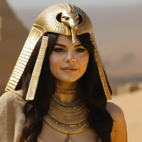 Photo of (ohwx woman) <lora:SelenaGomez-000007:1> as an Egyptian queen, serpent headdress, golden serpent jewelry. pyramids, Egypt