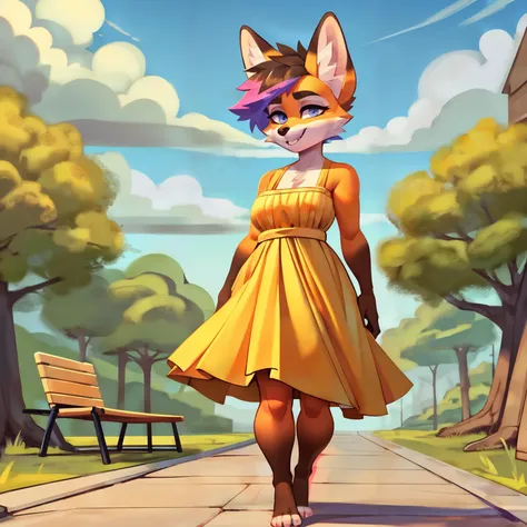 by Inkplasm,by Sachin Teng BREAK (intricate:0.9), (high detail:1.1), (sharp focus:1.15), (masterpiece, best quality, 4k, 2k, shaded, absurd res) BREAK solo, anthro, female, fox, sun dress, full-length portrait, detailed background, park, clouds