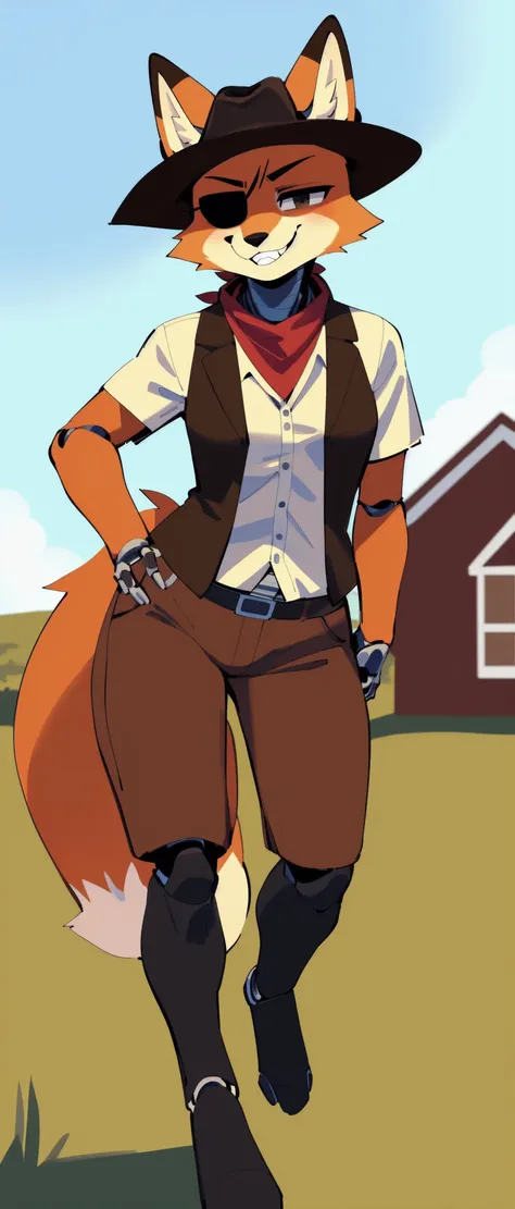 best quality, high quality, (female, fox, cowgirl, robot:1.3), eyepatch, one eye covered, (cowboy hat, button shirt, brown vest, red neckerchief, brown bottomwear:1.2), metal legs, (posing, sexy pose, smug grin, full body:1.3), ranch, farmhouse, art by kaltespur, <lora:foxy-v1-locon:1>