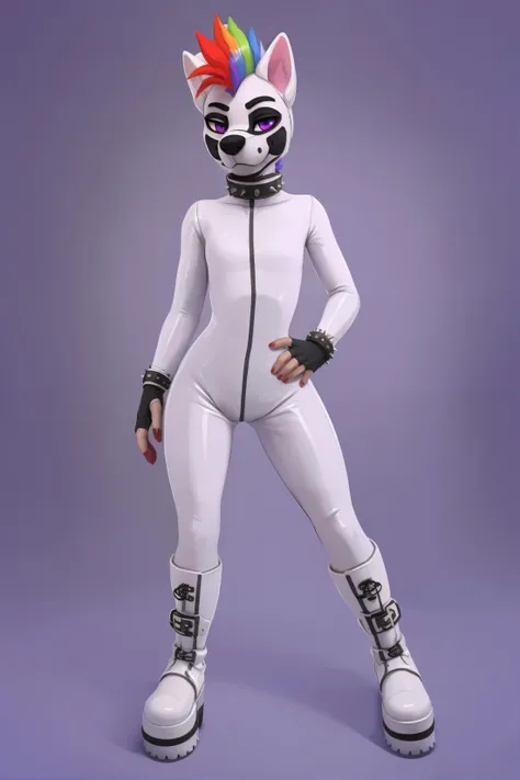 puppernova,all white pup mask,puppy,white puppy mask,white pup hood,skinny,slender,thin,spikey rainbow mohawk,all white latex suit,white boots,white platform boots,buckles,white spike bracelets,white spike collar,shinny white,squeaky,rubber pup,solo:1.5,gloves,(1girl:1.2),(female:1.2) focus,boots,fingerless gloves,white bodysuit,all white mask,white helmet,white ears,anime eyes,two tone blue and purple eye color,<lora:puppernova:0.6>,puppernova pup,(highly detailed:1.4),(detailed face:1.4),skin tight shiny bodysuit, squatting, cleavage