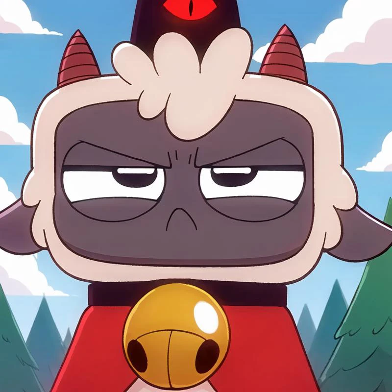 (best quality, high quality:1), <lora:fluffyrock-quality-tags-v4:1>, cult of the lamb, sheep, male, cute, anthro, short, white fur, fluffy, small horns, angry face,
looking at viewer, black eyes, clothes, red cape, black collar with bell, black crown with red eye,
sky, clouds, spruce, forest background, safe, <lora:Lamb_CultOfTheLamb_v1.3:0.75>