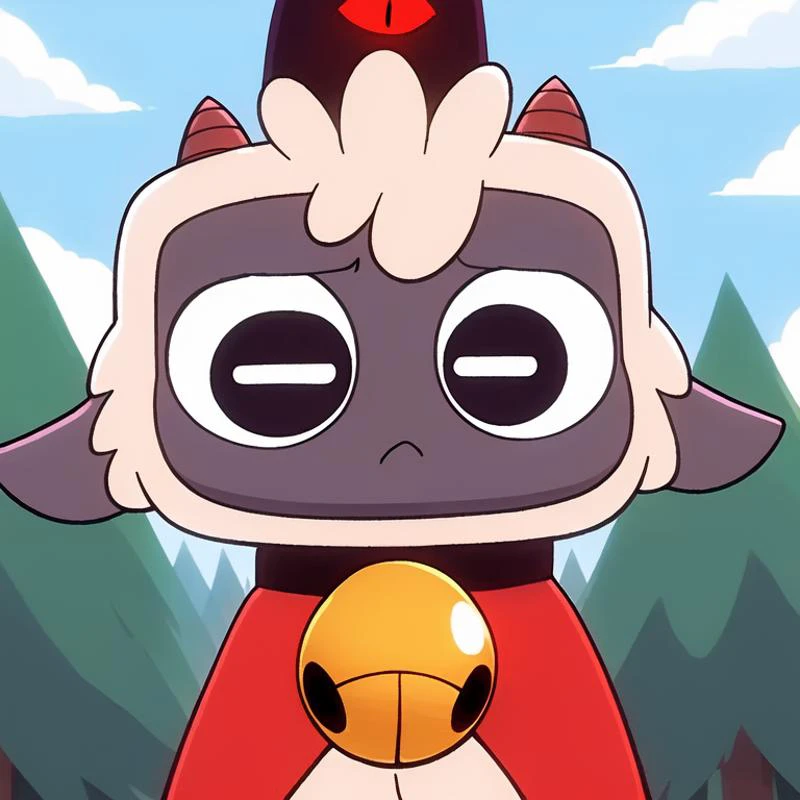 (best quality, high quality:1), <lora:fluffyrock-quality-tags-v4:1>, cult of the lamb, sheep, male, cute, anthro, short, white fur,
fluffy, small horns, sad, unhappy,
looking at viewer, black eyes, clothes, red cape,
black collar with bell, black crown with red eye,
blue sky, spruce, forest background, safe, <lora:Lamb_CultOfTheLamb_v1.3:0.75>