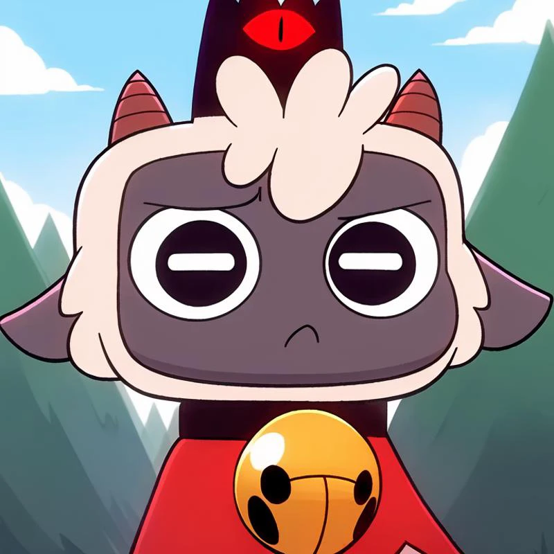 (best quality, high quality:1), <lora:fluffyrock-quality-tags-v4:1>, cult of the lamb, sheep, male, cute, anthro, short, white fur,
fluffy, small horns, sad, unhappy,
looking at viewer, black eyes, clothes, red cape,
black collar with bell, black crown with red eye,
blue sky, spruce, forest background, safe, <lora:Lamb_CultOfTheLamb_v1.3:0.75>