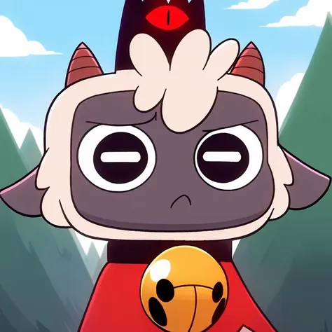 (best quality, high quality:1), <lora:fluffyrock-quality-tags-v4:1>, cult of the lamb, sheep, male, cute, anthro, short, white fur, 
fluffy, small horns, sad, unhappy,
looking at viewer, black eyes, clothes, red cape, 
black collar with bell, black crown with red eye, 
blue sky, spruce, forest background, safe, <lora:Lamb_CultOfTheLamb_v1.3:0.75>