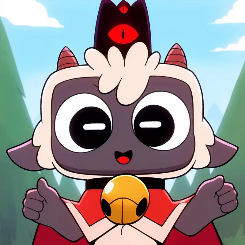 (best quality, high quality:1), <lora:fluffyrock-quality-tags-v4:1>, cult of the lamb, sheep, male, cute, anthro, short, white fur,
fluffy, small horns, happy,
looking at viewer, black eyes, clothes, red cape,
black collar with bell, black crown with red eye,
blue sky, spruce, forest background, safe, <lora:Lamb_CultOfTheLamb_v1.3:0.75>