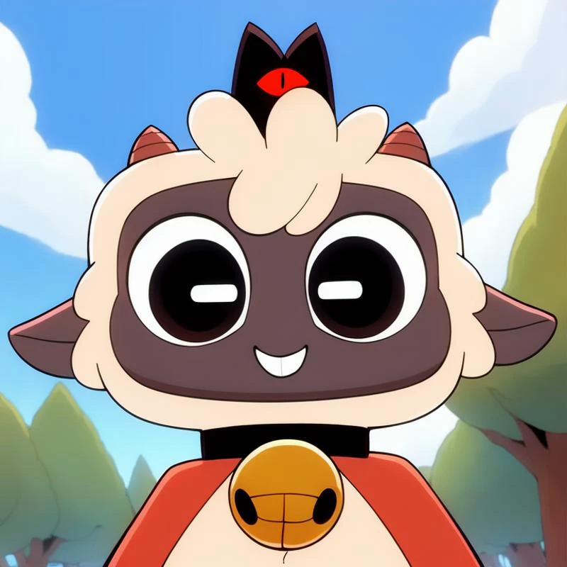 best quality, high quality:1), <lora:fluffyrock-quality-tags-v2.1.1-vpred:1>, cultofthelamb, lamb boy, cute, anthro, short, white fur, fluffy, small horns, smile,
looking at viewer, black eyes, red coap, black collar with bell, black crown with red eye,
blue sky, fur-trees background, <lora:Lamb_CultOfTheLamb_v1:0.7>