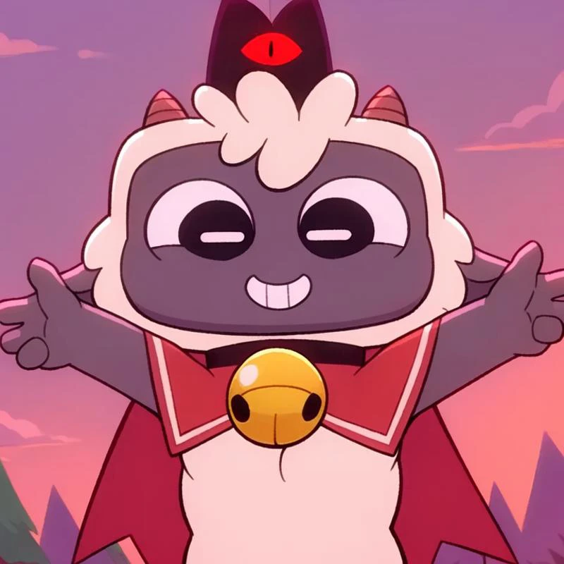 (best quality, high quality:1), <lora:fluffyrock-quality-tags-v4:1>, cult of the lamb, sheep, male, cute, anthro, short, white fur, fluffy, small horns, smile,
closed eyes, spread arms up,
looking up, clothes, red cape, black collar with bell, black crown with red eye,
purple sky, tree trunks background, safe, <lora:Lamb_CultOfTheLamb_v1.3:0.75>