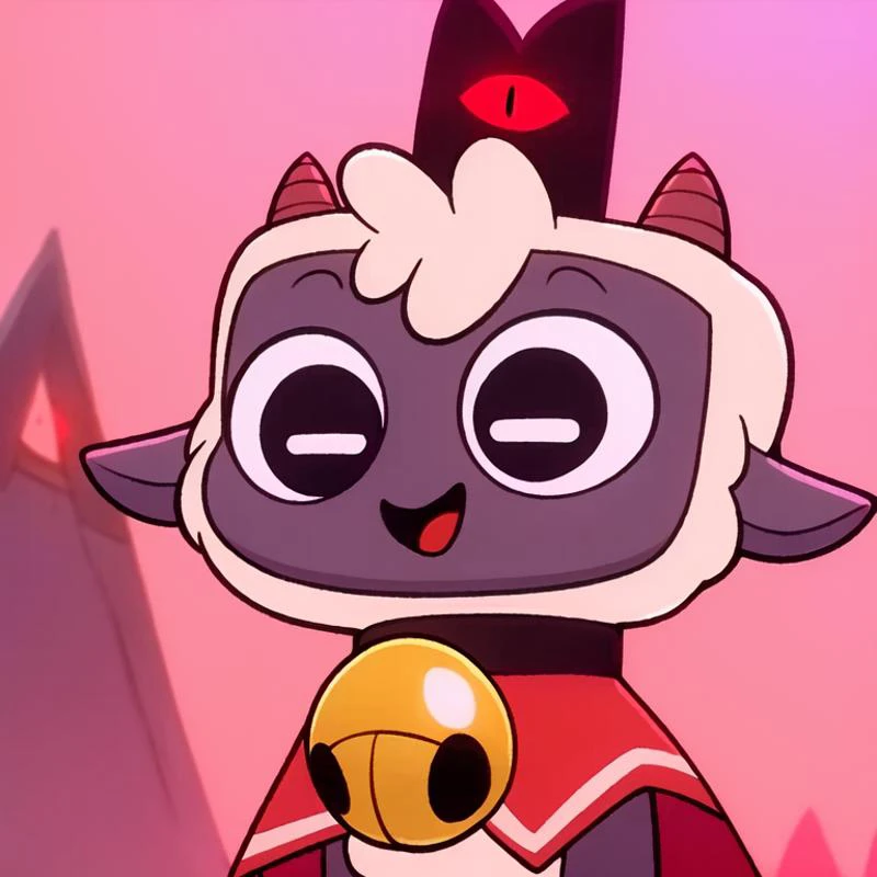 (best quality, high quality:1), <lora:fluffyrock-quality-tags-v4:1>, cult of the lamb, sheep, male, cute, anthro, short, white fur, fluffy,
small horns, smile, open mouth, red tongue, arms behind back,
looking at viewer, black eyes, clothes, red cape, black collar with bell,
gradient purple and pink sky background, safe, <lora:Lamb_CultOfTheLamb_v1.3:0.75>