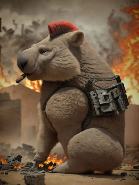 Hyper realistic, Ultra detailed 8k render, Masterwork, <lora:wombat_v1:0.5> ((Feral)) wombat with a charcoal mohawk, charcoal fur, fluffy fur, soft fur, Side view, Number dyed on shoulder, 08, ((Wearing a combat harness and combat armor, Cybernetics)), In a war-torn landscape, rubble, broken machines, ruined buildings, smoke, fires, Cigar.