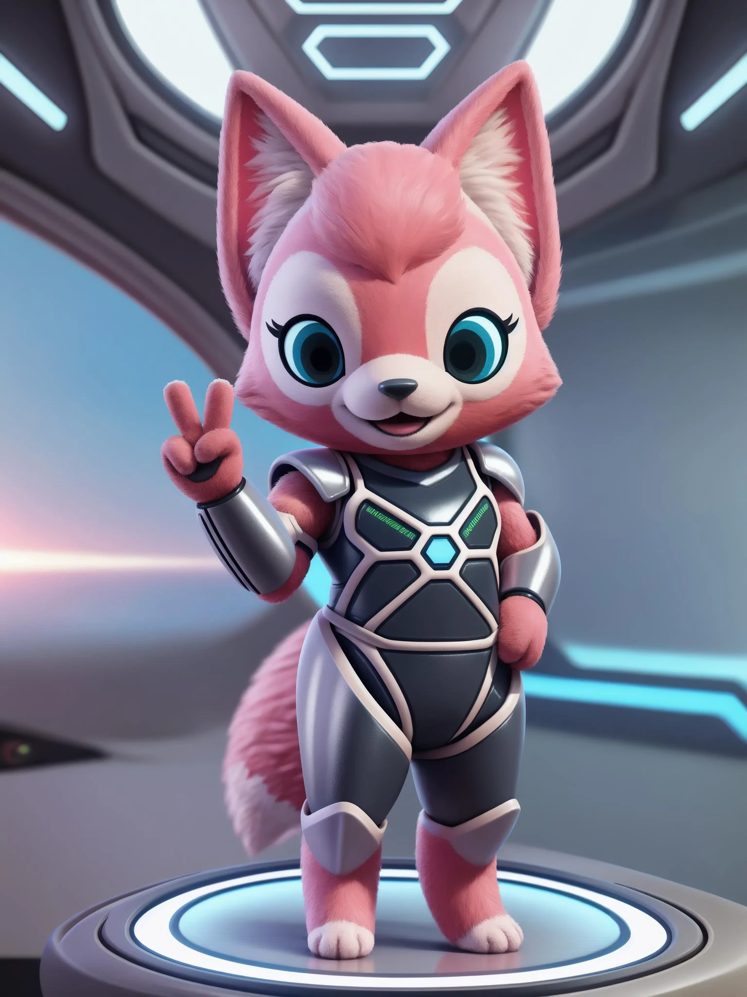 Hyper realistic, Ultra detailed 8k render, Masterwork, <lora:YYlinabell_v1:1> chibi, mascot, pink and white fur, soft fur, fluffy fur, adorable, wearing combat harness, shiny armor, futuristic armor, in a futuristic war, ultra detailed background. Playful, winking, victory sign, Holding Helmet under arm, Starfighter, spaceship in background.