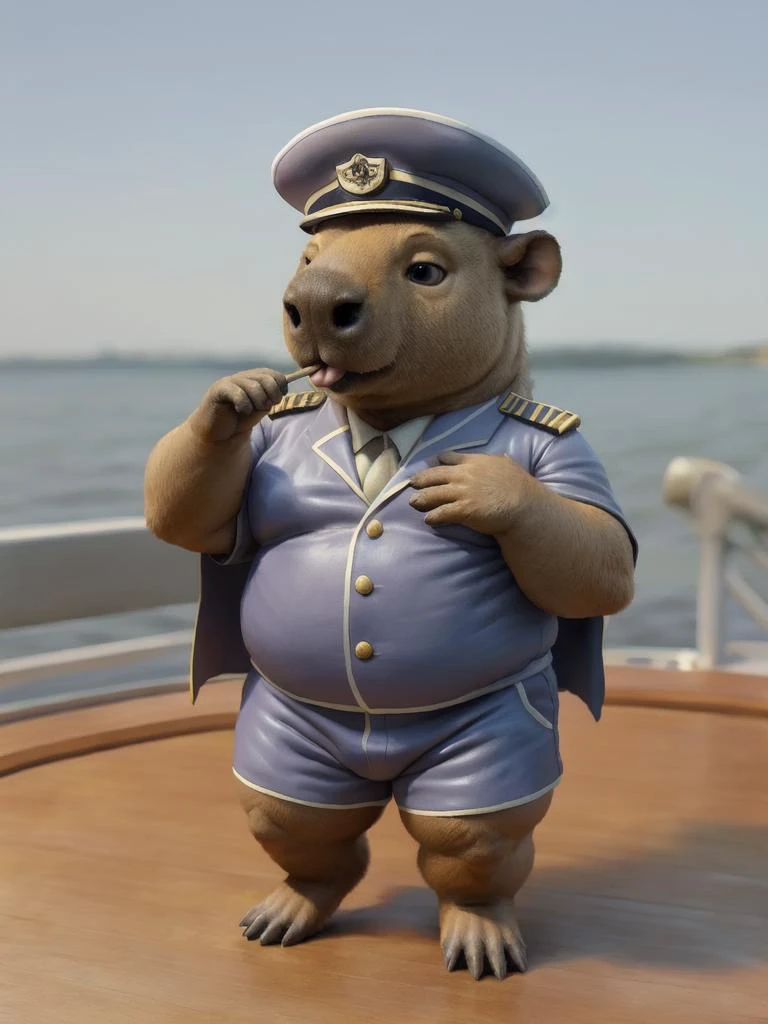 Hyper realistic, Ultra detailed 8k render, Masterwork, <lora:capi:0.75> Short, Chibi, Stocky, Fat, Moobs, Capybara, Digitigrade, Soft fur, Fluffy fur, ((Wearing Admiral's suit and shorts)), Ceremonial cape, Jaunty hat, On the deck of an aircraft carrier, Saluting, Tongue sticking out, cute.