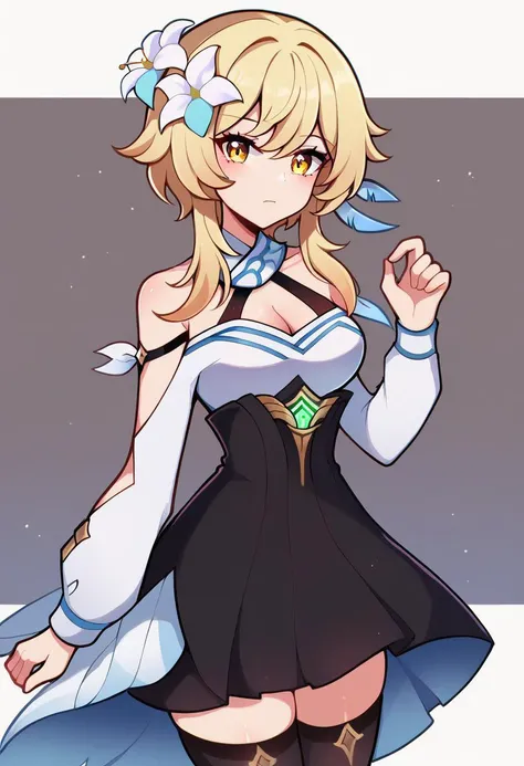 score_9, score_8_up, score_7_up,zPDXL,
BREAK
<lora:touyarokii-guy-PONY-styl:1>, 1girl,lumine (genshin impact), 1girl, bare shoulders, black bow, black ribbon, black skirt, black thighhighs, blonde hair, bow, breasts, cleavage, closed mouth, cowboy shot, flower, frilled shirt, frills, hair flower, hair ornament, hand up, high-waist skirt, long sleeves, looking at viewer, off-shoulder shirt, off shoulder, ribbon, shirt, short hair with long locks, skirt, thighhighs, white bow, white flower, white shirt, yellow eyes