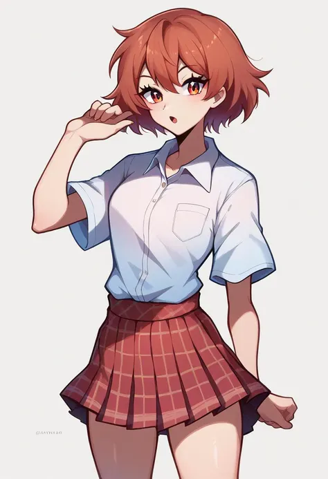 score_9, score_8_up, score_7_up,
BREAK
<lora:touyarokii-guy-PONY-styl:1>, 1girl,white background,skinny,red plaid pleated skirt,short hair,sexy white shirt,