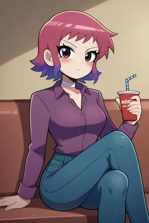 score_9, score_8_up, score_7_up, BREAK <lora:touyarokii-guy-PONYv1:1>, 1girl, solo, breasts, <lora:RamonaSDXL:0.7> ramona flowers, long sleeves, white choker, collared shirt, denim, jeans, purple shirt, red solo cup, holding, looking at viewer, light, blush, sitting, crossed legs