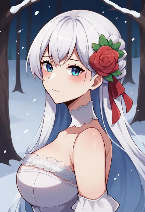 score_9, score_8_up, score_7_up,
BREAK
<lora:touyarokii-guy-PONY-styl:1>, mature female, white dress, blush, white hair, bangs,dress,white dress,hair ornament,flower,looking at viewer,hair flower,red flower,red ribbon,white veil,
,bare shoulders,choker,ribbon,bangs,alternate costume,from side,rose,upper body,strapless,very long hair,hair ribbon,red rose,closed mouth,wrist cuffs,strapless dress,looking to the side,sidelocks,detached sleeves,white choker,frills,
BREAK outdoors,snow background,forest,snowing,