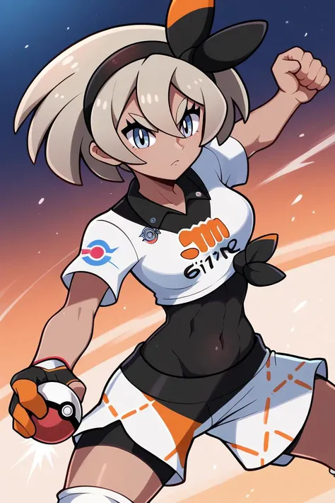 score_9, score_8_up, score_7_up, BREAK <lora:touyarokii-guy-PONYv1:1>, 1girl, solo, breasts, bea \(pokemon\), poke ball, fighting stance, kicking,