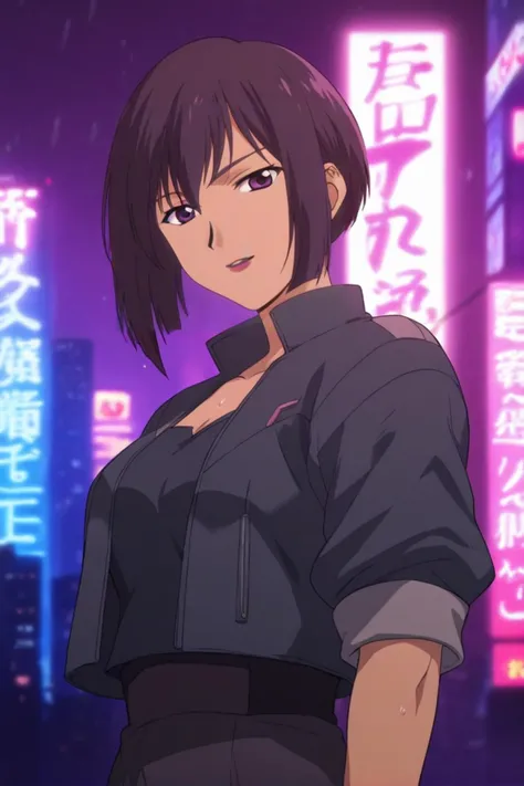 best quality,masterpiece,looking at viewer,absurdres,1girl,score_9,score_8_up,score_7_up,source_anime BREAK <lora:026-çå¾·è±åä¸-å©æ¢å°è¾¾Â·çº¦å°æ ¼XLV1:0.8>,limelda jorg,purple hairpurple eyes,short hair,cyberpunk city,arms_behind_back,rainy night in a cyberpunk city with glowing neon lights,power armor,gloves,wet,