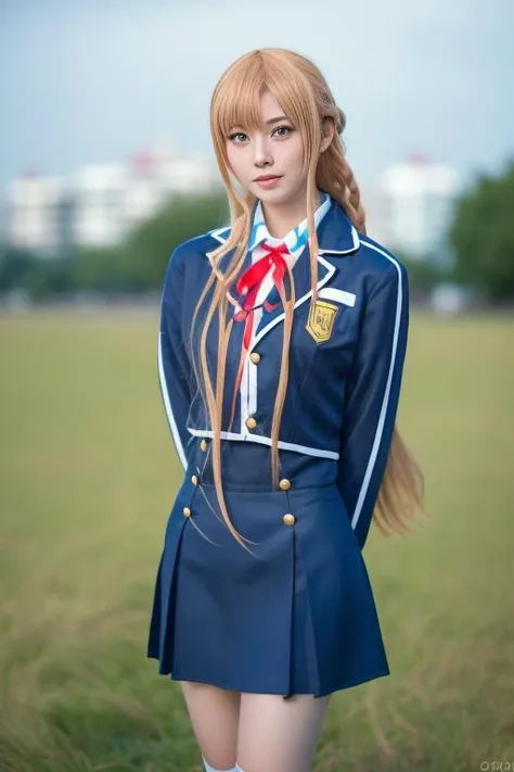 ltra-detailed,highly detailed,best quality,masterpiece,illustration,realistic,photorealistic,
1girl, solo, cosplay, 
yuuki asuna, school uniform, neck ribbon, jacket, collared shirt, skirt, 
long sleeves, buttons, 
long blonde hair, bangs, braid slicked back, 
looking at viewer, cowboy shot, standing, arms behind back, 
photo background, outdoors, 
<lora:yuuki asuna_v1_05:1.0>