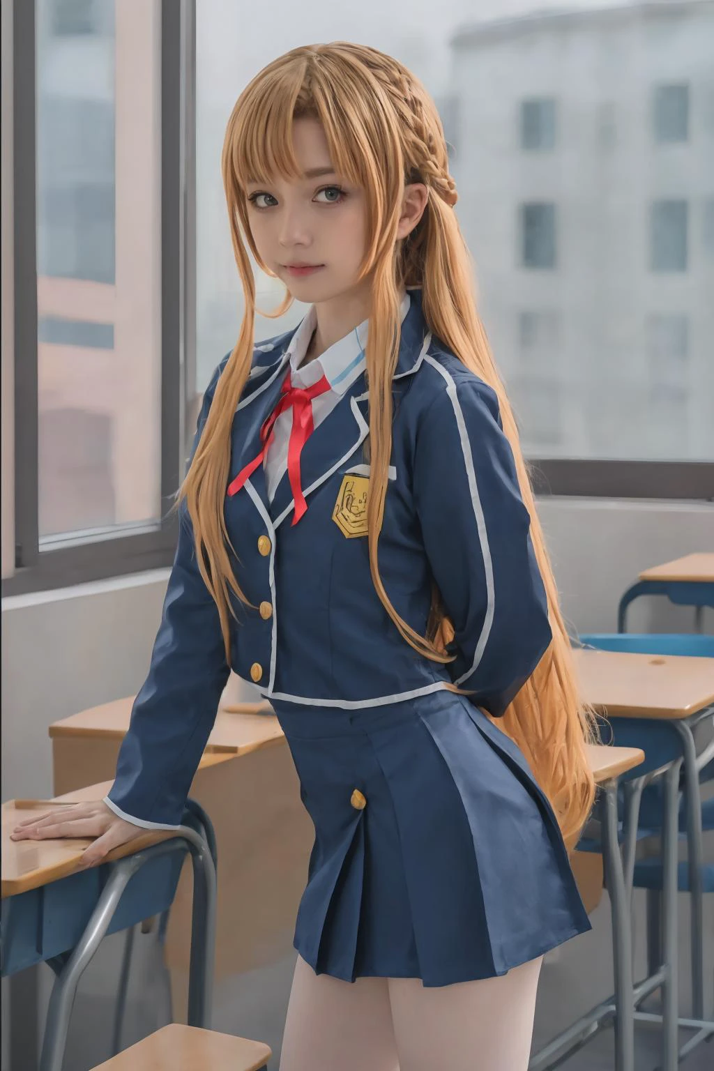 ltra-detailed,highly detailed,best quality,masterpiece,illustration,realistic,photorealistic,
1girl, solo, cosplay,
yuuki asuna, school uniform, neck ribbon, jacket, collared shirt, skirt,
long sleeves, buttons,
long blonde hair, bangs, braid,hair slicked back, french braid,
looking at viewer, cowboy shot, standing, arms behind back,
photo background, indoors, classroom, window,
<lora:yuuki asuna_20240130015111:0.8> <lora:GoodHands-beta2:1>