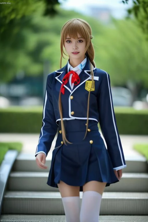 ltra-detailed,highly detailed,best quality,masterpiece,illustration,realistic,photorealistic,
1girl, solo, cosplay,
yuuki asuna, school uniform, neck ribbon, jacket, collared shirt, skirt,
long sleeves, buttons,
long blonde hair, bangs, braid,hair slicked back, french braid,
looking at viewer, walking, upper body,
photo background, outdoors, stairs, wind,tree,sunlight,
<lora:yuuki asuna_v1_05:1.0>