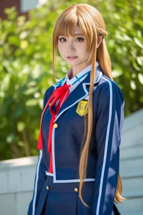 ltra-detailed,highly detailed,best quality,masterpiece,illustration,realistic,photorealistic,
1girl, solo, cosplay, 
yuuki asuna, school uniform, neck ribbon, jacket, collared shirt, skirt, 
long sleeves, buttons, 
long blonde hair, bangs,hair slicked back, french braid,
looking at viewer, walking, upper body, 
photo background, outdoors, stairs, wind,tree,sunlight, 
<lora:yuuki asuna_v1_05:1.0>