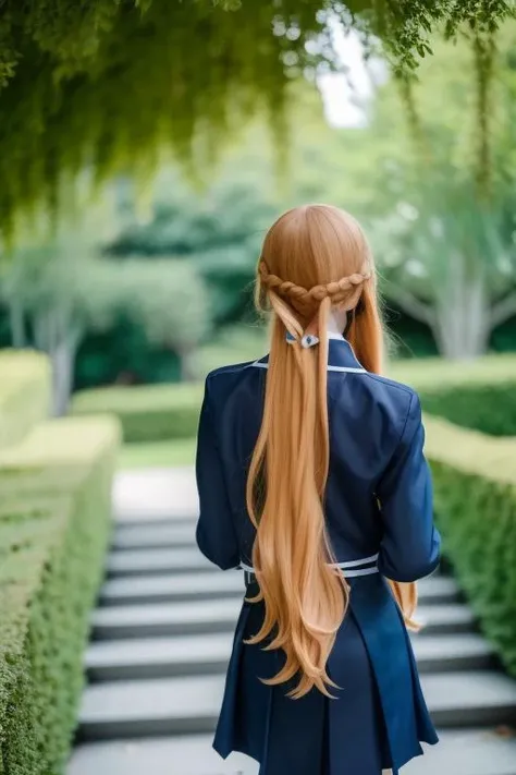 ltra-detailed,highly detailed,best quality,masterpiece,illustration,realistic,photorealistic,
1girl, solo, cosplay, 
yuuki asuna, school uniform, neck ribbon, jacket, collared shirt, skirt, 
long sleeves, buttons, 
long blonde hair, bangs, braid,hair slicked back, french braid,
looking at viewer, walking, from behind, looking back, 
photo background, outdoors, stairs, wind,tree,sunlight, 
<lora:yuuki asuna_v1_05:1.0>