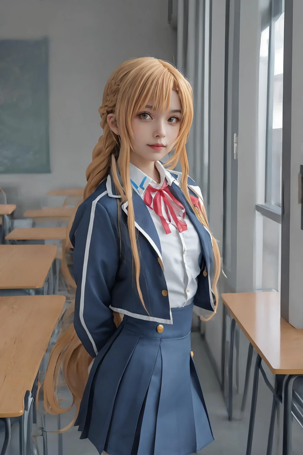ltra-detailed,highly detailed,best quality,masterpiece,illustration,realistic,photorealistic,
1girl, solo, cosplay,
yuuki asuna, school uniform, neck ribbon, jacket, collared shirt, skirt,
long sleeves, buttons,
long blonde hair, bangs, braid,hair slicked back, french braid,
looking at viewer, cowboy shot, standing, arms behind back,
photo background, indoors, classroom, window,
<lora:yuuki asuna_20240130015111:0.8> <lora:GoodHands-beta2:1>