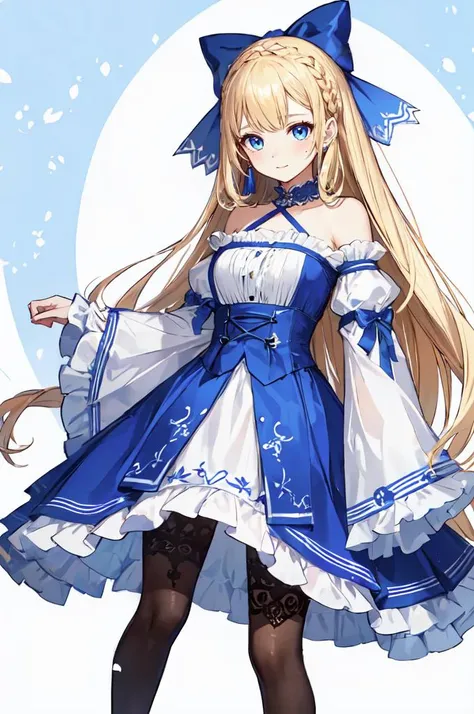 <lora:royta v1.1:1> white and blue theme,, ultra detailed, masterpiece, best quality, solo, soft smile, light smile,
1girl, blue eyes, very long hair, blonde hair, long blonde hair, french braid, bangs, medium breasts,
hair ribbon, frilled choker, criss-cross halter, sleeveless dress, high-waist skirt, backless dress, waist bow, detached sleeves, frilled sleeves, wide sleeves, pantyhose, patterned legwear, mary janes,