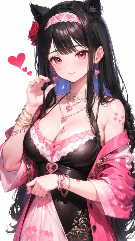 ((1 girl)),((solo)),((stand)),((upper body:1.4)),(blushing,shy,looking away),(Metallic, high heel boots),(long hair:1.6),braided bangs,(asymmetrical bangs:1.3),black hair,hair bow,hair behind ear,(messy hair),single braid),Rose flower clothes, Epiphyllum clothes, Spring flower clothes, Begonia flower clothes,(clothes pattern, clothes print, clothes pattern, clothes line),(Hairpins, jewelry, headbands, earrings, necklaces, gems, tattoos, hearts, bracelet),(kitten stockings),((smile)),
<lora:give it a name:1>