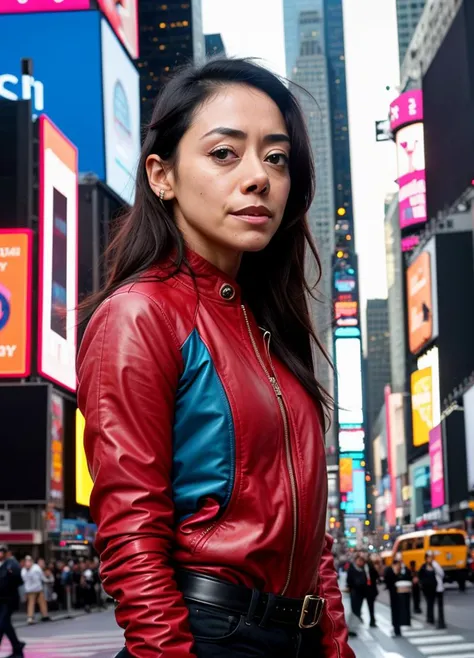 portrait of aimeegarcia-ti in New York City, in Times Square, by Flora Borsi, style by Flora Borsi, bold, bright colours, ((Flora Borsi)), by Andreas Gursky