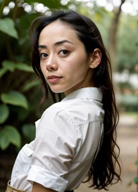 A stunning intricate color close up portrait of (aimeegarcia-ti:1) , wearing Button-down shirt and chinos, epic character composition, sharp focus, natural lighting, subsurface scattering, f2, 35mm, film grain, , by Gerda Taro