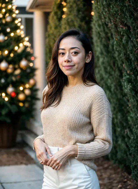RAW photo of aimeegarcia-ti, natural lighting, 8k uhd, dslr, high quality, film grain, Fujifilm XT3, <lora:add_detail:0.7>, by William Eggleston,  christmas theme