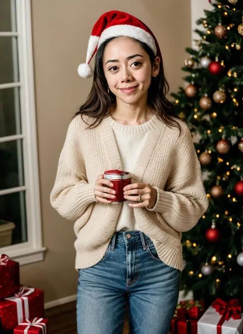 RAW photo of aimeegarcia-ti, natural lighting, 8k uhd, dslr, high quality, film grain, Fujifilm XT3, <lora:add_detail:0.7>, by William Eggleston, christmas theme